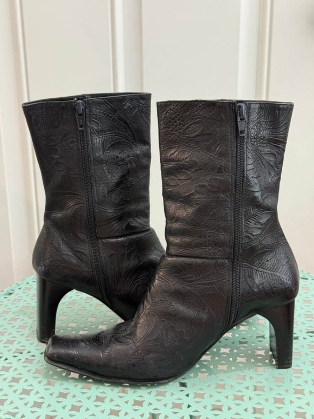 Besso Italian Women’s Black Embossed Leather Heeled Boots -37